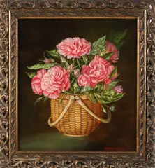 Irmgard Arvin, Nantucket Basket with Dianthus Bouquet, Oil on Board