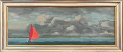 Robert Stark Jr., Red Sail Catboat with Approaching Storm, Oil on Board