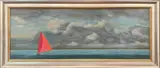 Robert Stark Jr., Red Sail Catboat with Approaching Storm, Oil on Board