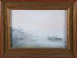 Dee Macy, Foggy North Wharf, Oil on Board