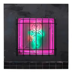 Patrick Martinez, Baby Let Me Take You Home (Night), 2018, stucco, neon, plastic, wire, acrylic, spray paint, latex house paint, ceramic tile, tile adhesive, and wrought iron window security bars on panel