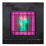 Patrick Martinez, Baby Let Me Take You Home (Night), 2018, stucco, neon, plastic, wire, acrylic, spray paint, latex house paint, ceramic tile, tile adhesive, and wrought iron window security bars on panel