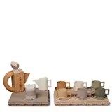 Mt Objects, Brutalist Tea Set, glazed earthenware with engobe, comprising six cups, six saucers, creamer, lidded sugar bowl, teapot and two trays