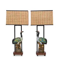 Ted Graber, Pair of Crane Table Lamps, , porcelain, mahogany, enameled metal, box shade, bird with four-character maker's mark on the underside