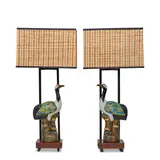 Ted Graber, Pair of Crane Table Lamps, , porcelain, mahogany, enameled metal, box shade, bird with four-character maker's mark on the underside