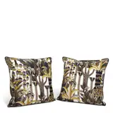 Hermès, Pair of Jardin d'Osier Pillows, silk, cotton, leather, each with Hermes Paris metal tag on backside