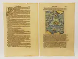 Sebastian Münster, Four pages from Universal Cosmography 1544-1628, containing three woodcuts with watercolors