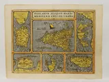 Abraham Ortelius, Insularioum aliquot maris mediterranei descriptio, watercoloured double page etching depicting the main islands of the Mediterranean Sea