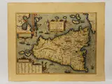 Abraham Ortelius, Siciliae veteris typvs, formerly conatibvs geographicis ab. ortelij, watercoloured double page etching
