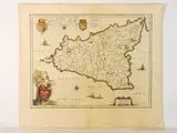 Willem Janszoon Blaeu, Sicily Regnum around 1640, 1571, watercoloured double page engraving
