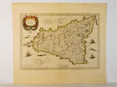 Jan Janssonius, Siciliae Regnum, mid-17th century, 1588, watercoloured double page etching