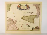 Nicolaas Visscher, Regnum Siciliae 1680, 1649, watercoloured double page engraving depicting the Kingdom of Sicily with the Island of Malta
