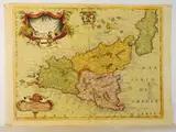 Vincenzo Maria Coronelli, Trinacria Hoggidi Sicily, 1650, watercoloured double page etching