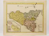 Guillaume Delisle, Carte de l'Isle et Royaume de Sicile, 1675, watercoloured double page etching