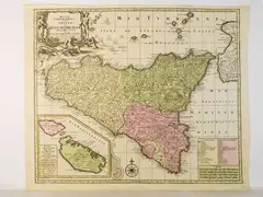 Geographical map totius Insulae et Regni Siciliae edited by graphio et impensis 1730 ca by Georg Mätthaus Seutter, 1678, etching with watercolor, offered Feb 2022