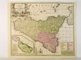 Georg Mätthaus Seutter, Geographical map totius Insulae et Regni Siciliae edited by graphio et impensis 1730 ca, 1678, etching with watercolor