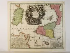 Siciliae Regnum... by Georg Mätthaus Seutter, 1678, ... cum adjacent Insula Sardinia et maxima part Neapolitan kingdoms very accurate delineat. watercoloured double, offered Feb 2022