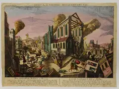 Georg Balthasar Probst, La vue de regio ville de la Calabre - Das erschröckliche Grobeben in Messina, 1732, pair of etching vue d'optique with watercolors