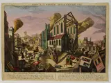 Georg Balthasar Probst, La vue de regio ville de la Calabre - Das erschröckliche Grobeben in Messina, 1732, pair of etching vue d'optique with watercolors