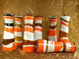 Massimo Vignelli, Series of seven suspensions in opal white, brown and orange layered glass, Venini, Murano 1960