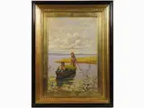 Angiolo Tommasi, View of the Massacciuccoli lake with boat and farmers