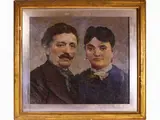 Mario Puccini, Ritratto di Lodovico Goldoni e Clementina Monti Goldoni, 1869, oil on two cardboards linked by adhesive tape on reverse