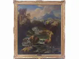 Antonio Francesco Peruzzini attribuito, River landscape with architectures and characters, 1643, Oil on canvas