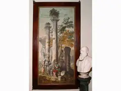 Ruins with wayfarer e mother with child by Giuseppe Zocchi, 1715, oil on canvas laid on wooden door, offered Oct 2021