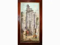 Ruins with spring and three figures by Giuseppe Zocchi, 1715, oil on canvas laid on wooden door, offered Oct 2021