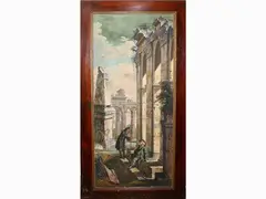 Two figures talking and ruins by Giuseppe Zocchi, 1715, oil on canvas laid on wooden door, offered Oct 2021