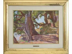 Wooden landscape with figures by Mario Cocchi, 1898, oil on canvas layed on cardboard, offered Jul 2021