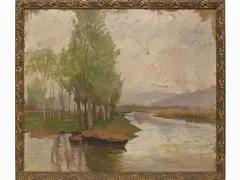 River landscape by Eugenio Cecconi, 1842, oil skecth on canvas, offered Mar 2021