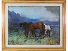 Horses grazing by Francesco Bausi, oil on panel, offered Mar 2021