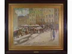Market in the Piazza di Santo Spirito in Florence by Giuseppe Fraschetti, 1879, oil on canvas, offered Mar 2021