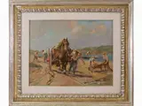 Ovidio Gragnoli, River landscape with carriage and workers