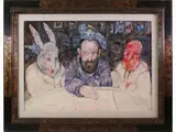 Antonio Possenti, Interior view with self-portrait, birds and rabbit, 1933, mixed media on cardboard