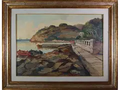 Scogliera livornese by Renzo Martini, 1937, oil on faesite, offered Mar 2021