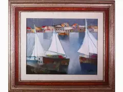 Seascape with sailing boats by Lido Bettarini, oil on canvas, offered Feb 2021