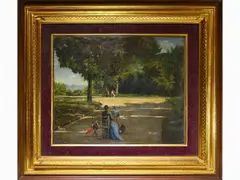 View of a park with painter with easel by Odoardo Borrani, 1834, oil on canvas, offered Dec 2020