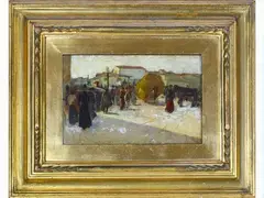 View of a city with figures by Guglielmo Micheli, 1866, oil on panel, offered Dec 2020