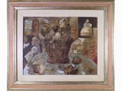 Interior view with figures by Antonio Possenti, 1933, oil on canvas board, offered Nov 2020