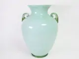 Flavio Poli attribuito, A green incamiciato glass vase with transparent green glass small handles and foot with golden leaf, 1940, verde acqua con anse e piede con foglia d'oro