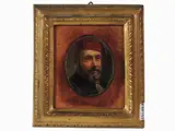 Michele Cammarano attribuito, Portrait of a man with red cap, 1835, painted miniature on paper betwen glass