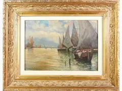 View of a port with boats by Fausto Pratella, 1886, oil on cardboard, offered Jul 2020