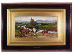 River Landscape by Basso Ragni, 1921, oil on faesite, offered Jul 2020