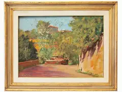 View of a street by Lorenzo Palazzi, 1921, oil on faesite, offered Jul 2020