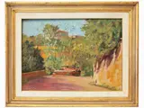 View of a street by Lorenzo Palazzi, 1921, oil on faesite, offered Jul 2020