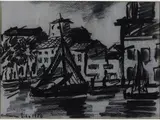 Lido Bettarini, View of a port with boats 1954