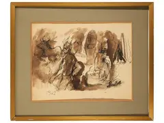 Compositio with indians by Vinicio Berti, 1921, ink on paper, offered Mar 2020