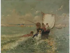 Sicilian Seascape with Figures 1909 by Giuseppe Leoni, 1876, oil on canvas, offered Dec 2019